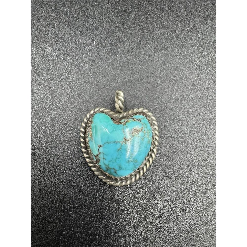 Vintage Navajo Turquoise Heart Pendant Silver Marked AG 5.39g See Condition VG+